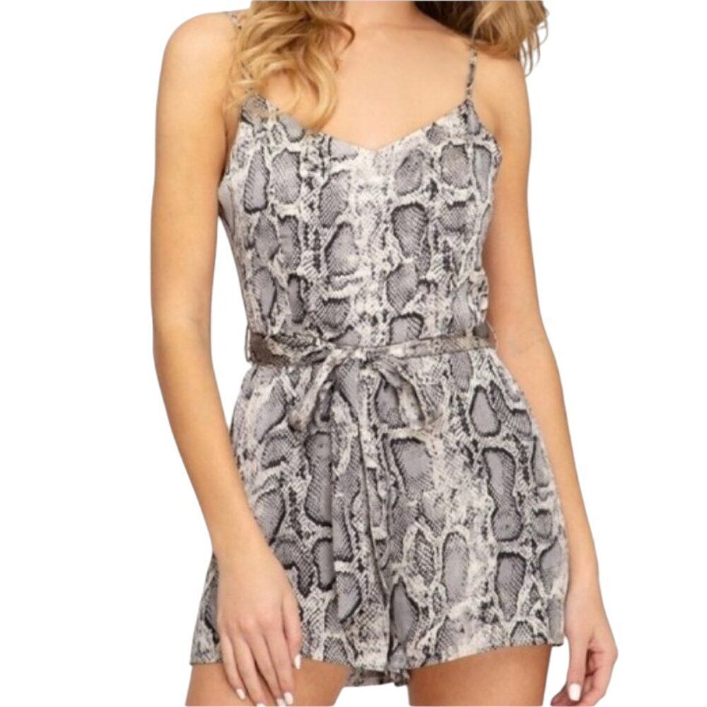 She + Sky Romper Satin Snakeskin Lined Thin Straps Scoop Neck Neutral L